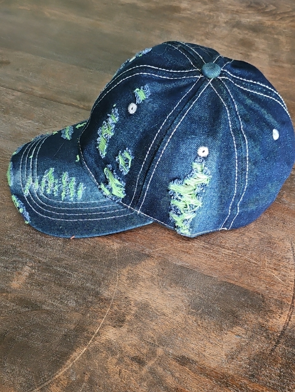 NWT Denim Distressed Baseball Cap With Lime Green Accents - Picture 4 of 4